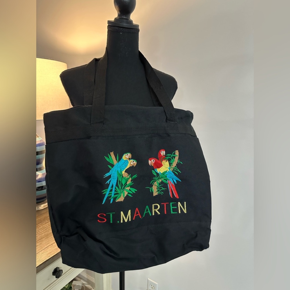 Black St. Maarten Nylon Tote Bag with Colorful Parrot Design